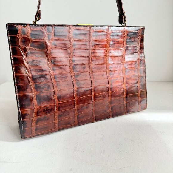 Vintage 50s 60s Crock Skin Brown medium Top Handle Bag - Picture 7 of 16